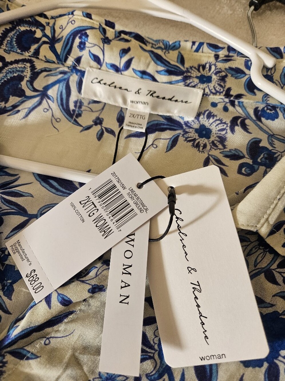NWT Chelsea & Theodore Blue White Floral Block Print Button Front Shirt Sz 2X - Picture 11 of 11